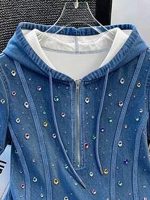 Resyla Camiseta con capucha de media cremallera, manga corta, efecto denim con strass falso, nuevo diseño asimétrico para primavera/verano - Blanco - Ver 3