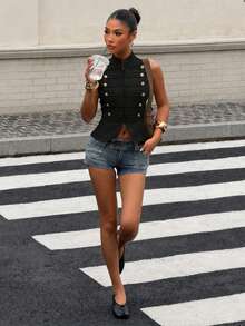 Muchica Women's Street Fashion Double-Breasted Decorative Zipper Vest - Black - View 5