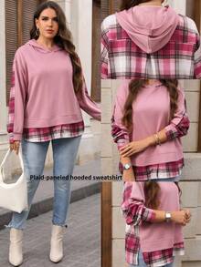 EMERY ROSE Plus Size Women's Blush Pink Plaid Color Block Hooded Long Sleeve Ribbed Cuff Pullover Hoodies Casual Daily Going Out Fall Fashion 2026 - Dusty Pink - View 1
