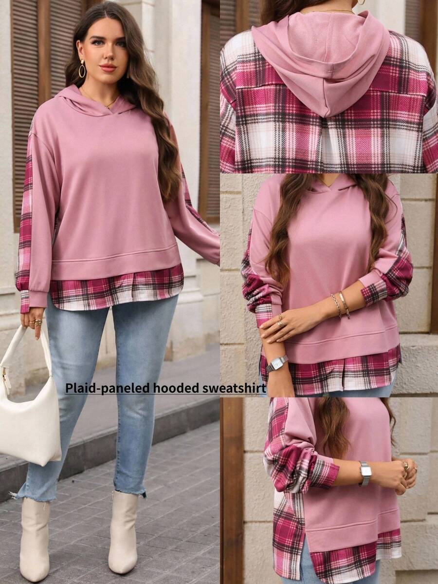 EMERY ROSE Plus Size Women's Blush Pink Plaid Color Block Hooded Long Sleeve Ribbed Cuff Pullover Hoodies Casual Daily Going Out Fall Fashion 2026 - Dusty Pink - View 1
