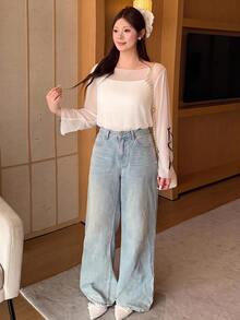 Bijouette 大尺碼女款時尚休閒優雅浪漫度假日常極簡圓領半透網紗上衣 - 白色 - 查看 6