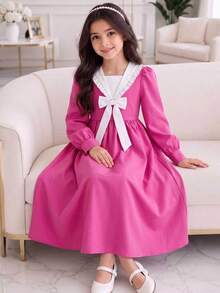 SHEIN 少女開學季甜美白色水手領 3D 蝴蝶結裝飾 粉色泡泡袖 A 字洋裝 - 玫紅色 - 查看 4