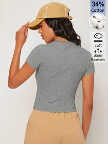 SHEIN BASICS 女款純色休閒圓領短袖短版T恤上衣 白色上衣 - 灰色 - 查看 4