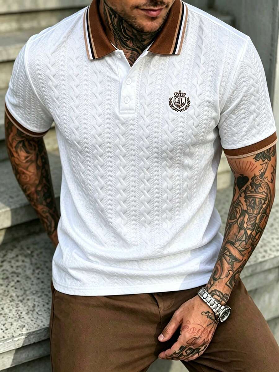 SERO LANO 男士針織提花純色紋理領口與袖口羅紋刺繡 Polo 衫 - 白色 - 查看 1