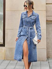 SHEIN Essnce Flap Pocket Belted Denim Dress Fall Cloth For Women - Light Wash - View 1