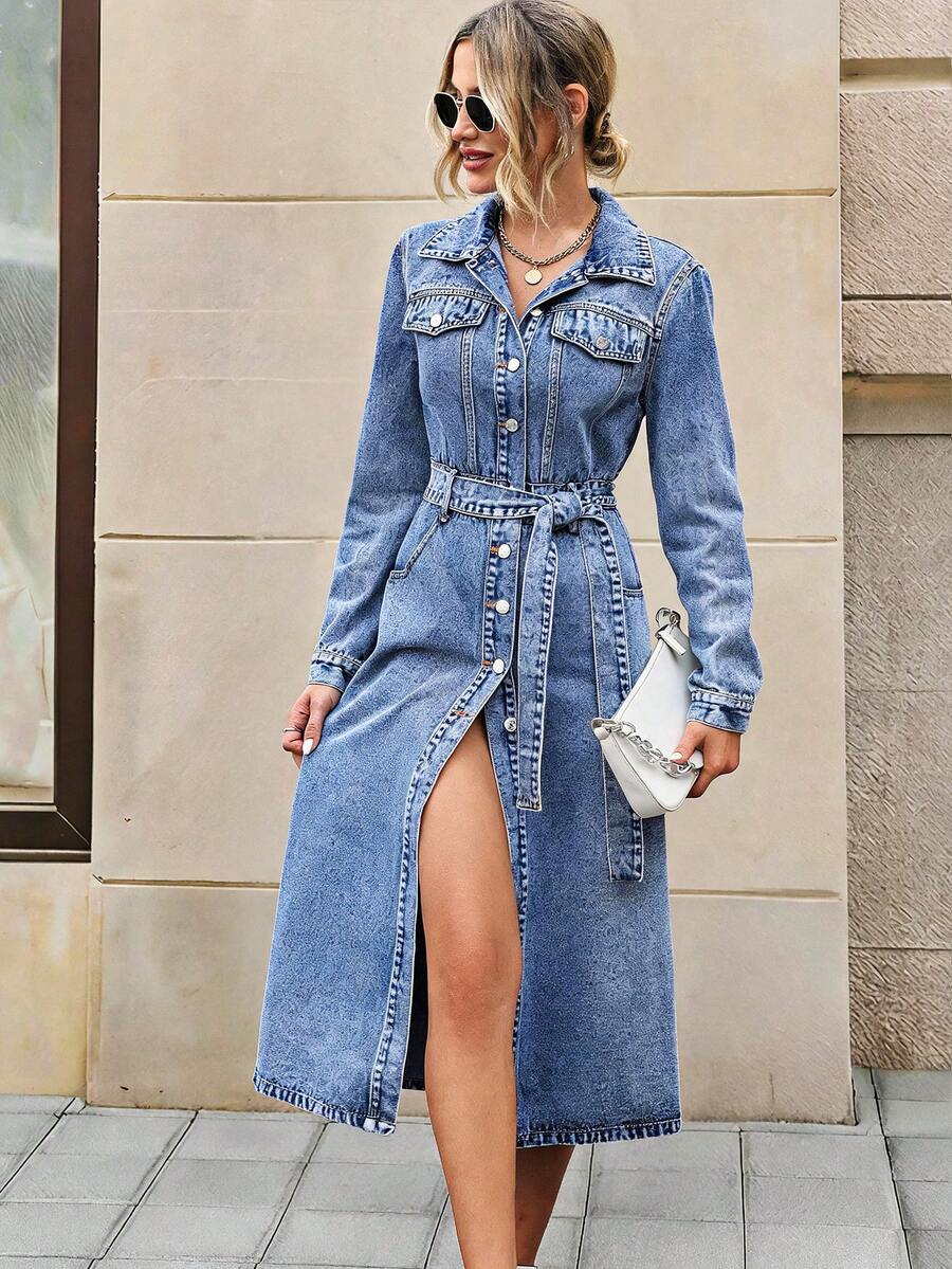 SHEIN Essnce Flap Pocket Belted Denim Dress Fall Cloth For Women - Light Wash - View 1