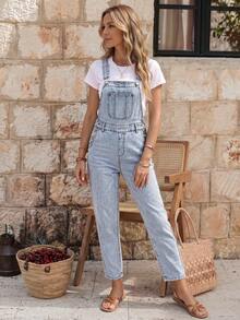 EMERY ROSE Petos mezclilla con parche con bolsillo sin camiseta - Lavado ligero - Ver 3