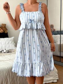 Napfluff CURVE Napfluff CURVE Blue Striped Bow Print Frill Trim Spaghetti Strap Plus Size Nightgown - Multicolor - View 5