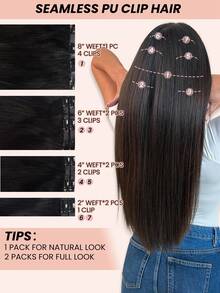 Extensiones de cabello humano con clips invisibles de PU, tejido de piel de PU sin costuras, liso y sedoso. Extensiones con clips reales de cabello humano, 7 piezas con 16 clips por set - SNatural - Ver 4