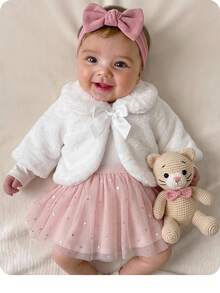 SHEIN Newborn Baby Girl White Fluffy Versatile Autumn Winter Jacket - Beige - View 1