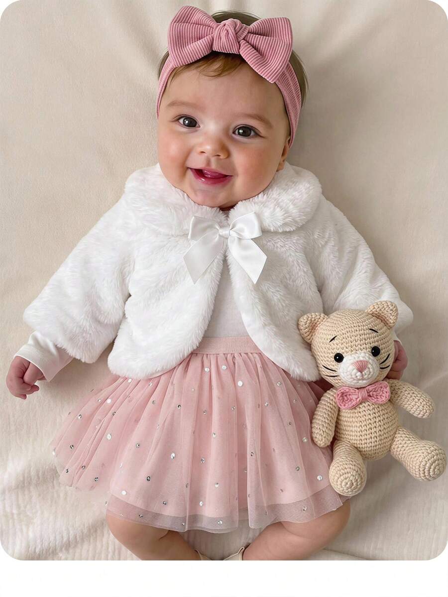SHEIN Newborn Baby Girl White Fluffy Versatile Autumn Winter Jacket - Beige - View 1
