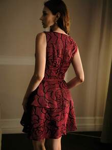MOTF PREMIUM FASHIONABLE ELEGANT CINCHED WAIST A-LINE ROSE JACQUARD WOMEN'S DRESS - Burgundy - View 4