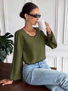 Serisse Women's Colorblock V-Neck Casual Daily Long Sleeve Sweater - Army Green - View 4