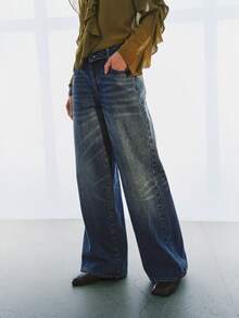 URBAN LOW-WAIST FOLDED WAIST WIDE LEG LONG DENIM JEANS - Blue - View 5