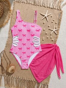 SHEIN Tween Girl Summer Vacation Beach Bow Print Cutout One-Piece Swimsuit And Cover-Up Skirt - Hot Pink - View 2