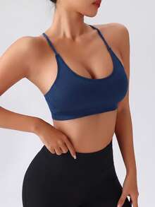 SHEIN Sports Sujetador deportivo sin costuras de color liso con espalda descubierta y cuello halter - Azul Marino - Ver 4