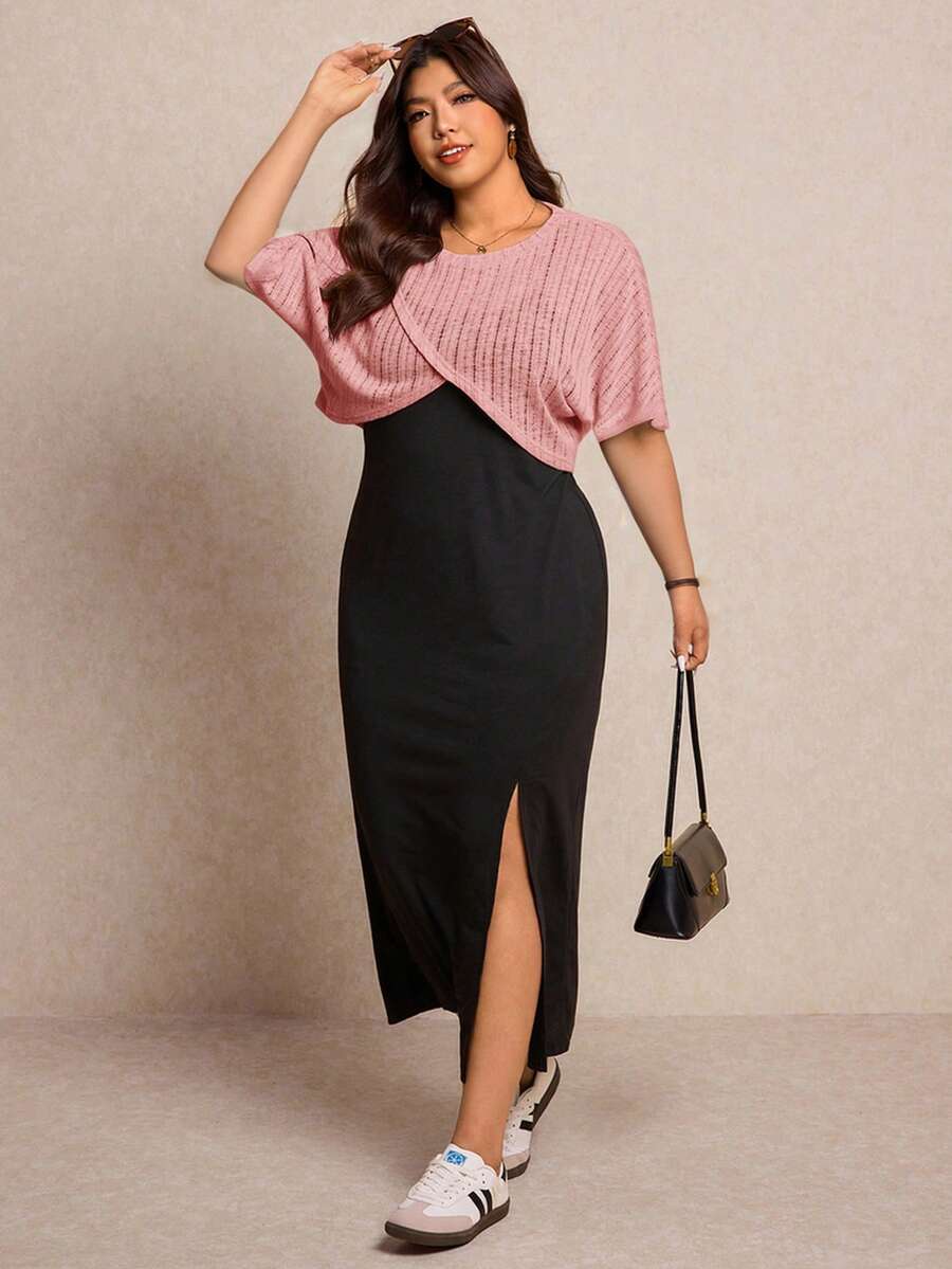 Elaquor Plus Size Solid Color Street Style Front Slit Cami Dress And Criss-Cross Knit Top 2-Piece Set - Pink - View 1