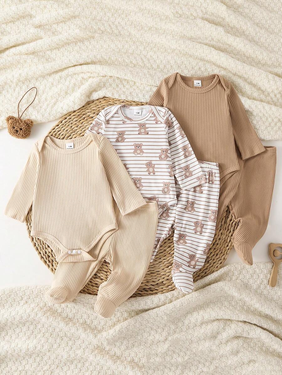3 Sets Newborn Long Sleeve Jumpsuit & Pants Cute Bear All-Over Print Home Wear, Best Gift For Newborns, Versatile Fashion, Perfect Choice - Multicolor - View 1