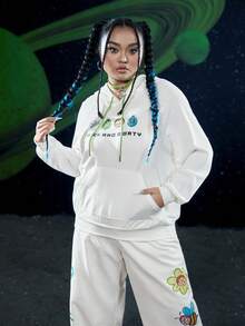Rick and Morty X SHEIN 加大码标语卡通图案袋鼠口袋插肩袖抽绳卫衣 - 白色 - 查看 6