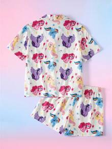 My Little Pony X SHEIN 青少年女孩卡通印花單排扣短袖上衣與短褲居家服套裝 - 白色 - 查看 2