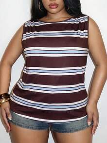 Veslaya Plus Size Women's Brown Colorblock Slim Fit Versatile Daily Traditional Western Casual Top Formal Vacation Summer Teacher - Multicolor - View 2