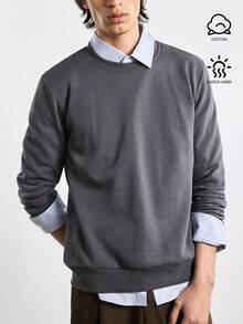 Merionis 男士純色圓領休閒百搭日常穿著套頭運動衫 - 深灰色 - 查看 2