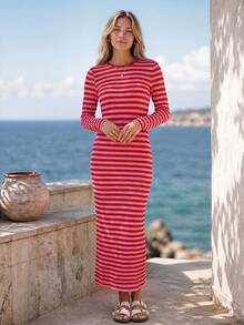 Sylviya Vestido casual de mujer francés de manga larga a rayas rojas para otoño/invierno, ropa de vacaciones de otoño para mujer, vestido elegante, vestidos casuales, vestido de playa - Multicolor - Ver 6