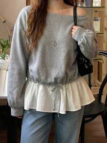 Dazy Plus Loose Casual Patchwork Chiffon Hem Off-Shoulder Thermal Lined Thickened Sweatshirt For Girls, Spring Autumn Winter - Grey - View 2