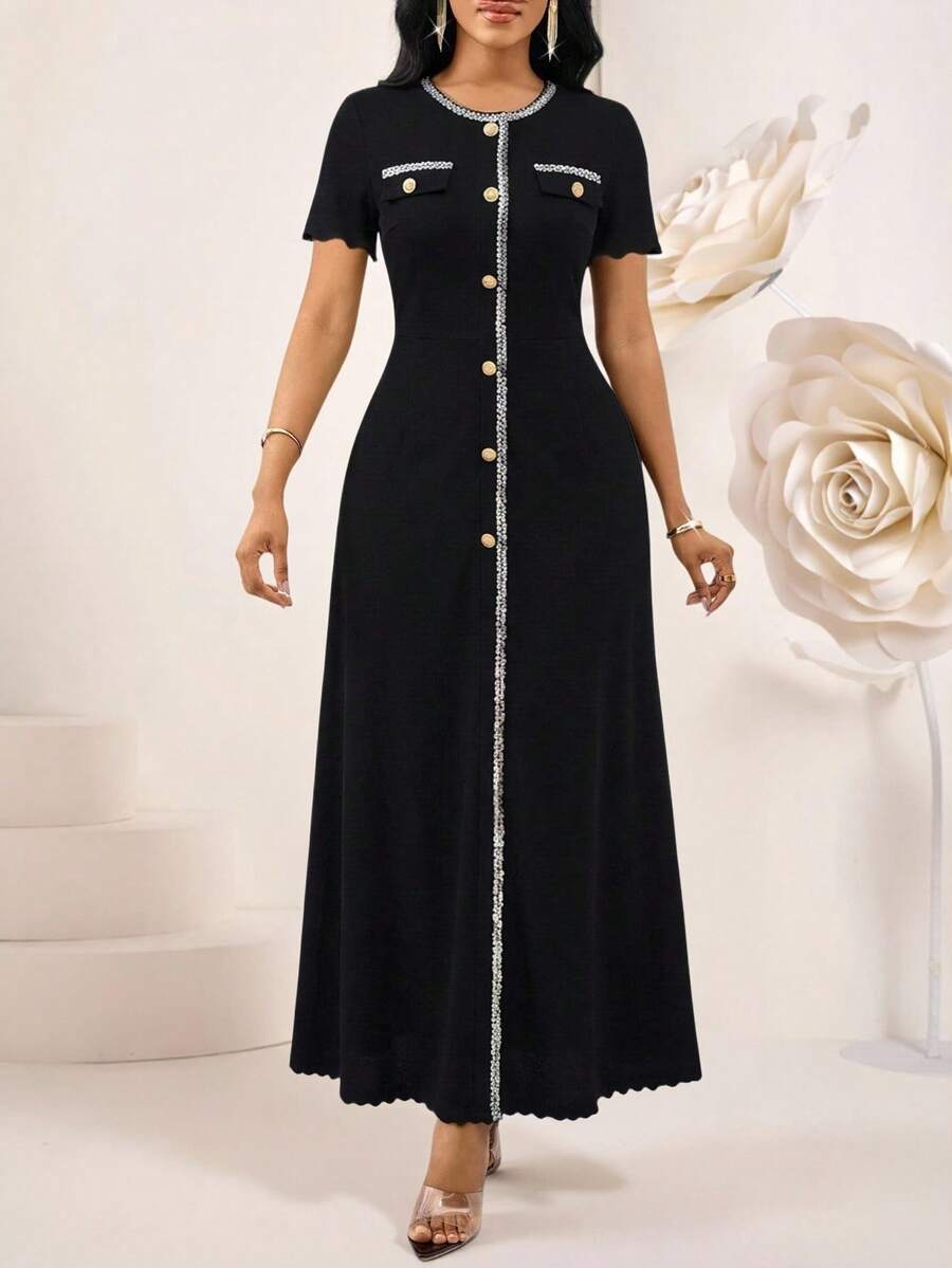 SHEIN Lady 女士圆领纽扣休闲收腰长连衣裙,适合约会和派对 - 黑色 - 查看 1