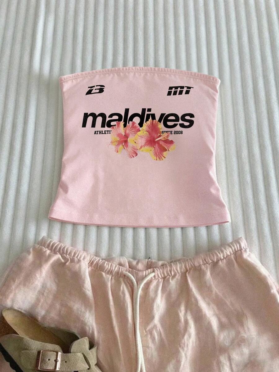 SHEIN 热销新品:清新少女风印花字母露脐吊带背心,挂脖式设计,无肩带款式,春夏百搭日常单品 - 彩色 - 查看 1