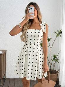 SHEIN LUNE Women's Casual 70s Romantic Cute Summer Vacation Commute Brunch Beach Daily Basic Outing White With Black Polka Dots Sleeveless Tie Waist Short Dress - Black and White - View 9