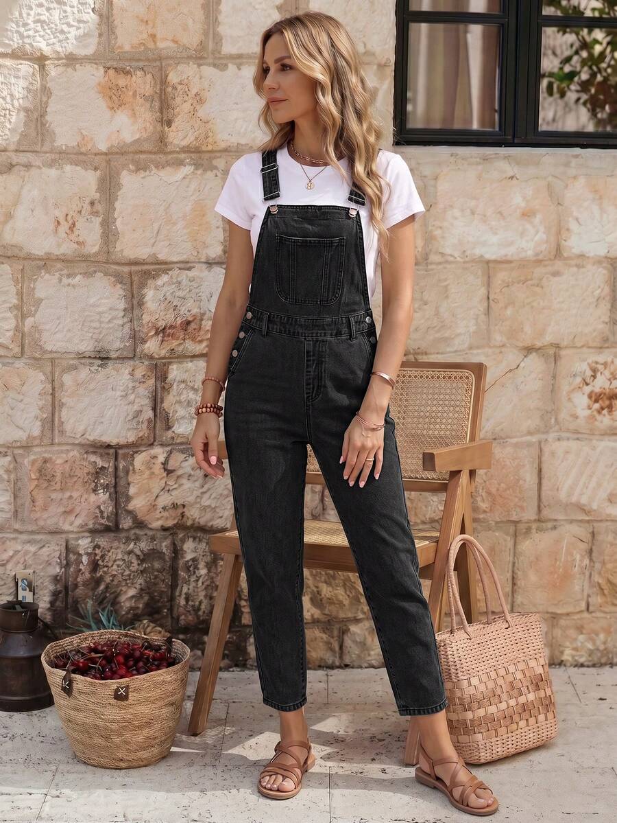 EMERY ROSE Simple & Fashionable Denim Jumpsuit, Solid Color, Suitable For Summer - Black - View 1