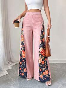 SHEIN Elenzya Women's Vintage Floral Print Patchwork Faux Denim Wide Leg Pants, High Waist Frayed Trim Palazzo Trousers Boho Floral Spliced Faux Denim Pants, High Waist Frayed Edge Flowy Wide Leg Pants Summer Retro Floral Print Faux Denim Palazzo Pants, High Waist Frayed Trim Wide Leg Trousers Elegant Floral Print Faux Denim Wide Leg Pants, High Waist Frayed Trim Casual Trousers - Pink - View 4
