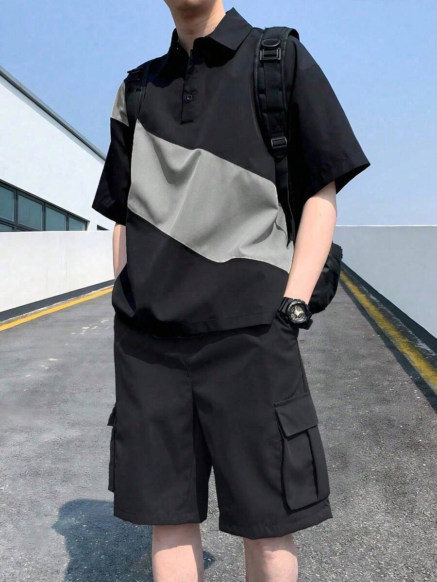 Manfinity Hypemode 男士對比色 Polo 領短袖 T 恤與工裝短褲休閒兩件套 - 彩色 - 查看 1