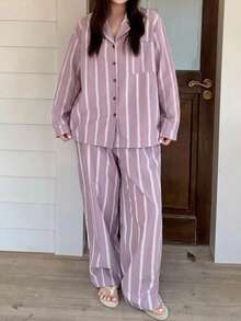 Dazy Plus 2pcs/Set Pakaian Santai Wanita Ukuran Besar Warna Ungu Motif Garis-garis Lucu, Atasan Lengan Pendek Longgar & Celana Panjang Piyama, Musim Semi/Panas - Purple - View 3