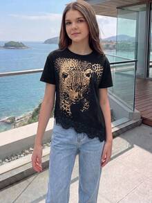 青少年女孩豹紋圓領短袖對比蕾絲不對稱下擺T恤 - 黑色 - 查看 4