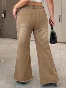 Dazy Plus Elastic Washed Distressed Wrap Flare Long Girls Denim Jeans All Season - Khaki - View 2