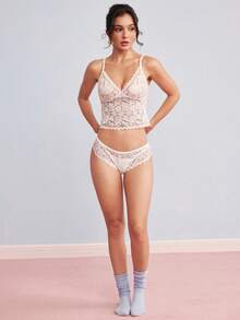 Elorette Set Pakaian Dalam Wanita Nyaman dengan Motif Renda Bunga - Putih - View 3