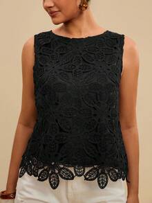 Travachic Plus Size Women's Crochet Knit Round Neck Sleeveless Casual Black Top - Vacation Summer Holiday Beach Evening Formal Valentine's Day Carnival Elegant - Black - View 7