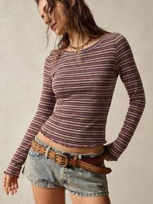 Bohemela Women's Striped Knit Long Sleeve Slim Fit T-Shirt - Burgundy - View 7