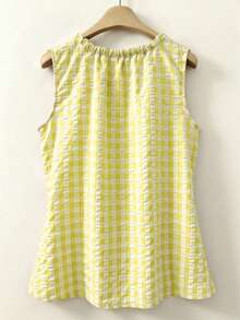 Linhara Plus Size Women Plaid Round Neck Casual Versatile Daily Wear Top - Yellow - View 2