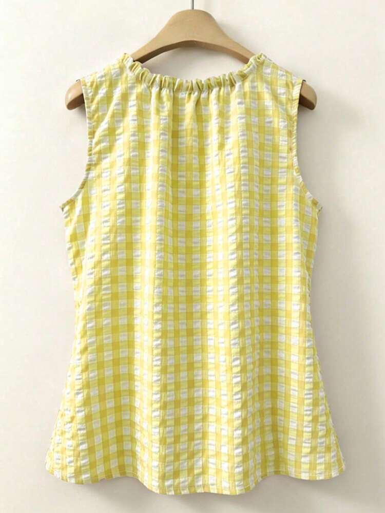 Linhara Plus Size Women Plaid Round Neck Casual Versatile Daily Wear Top - Yellow - View 2
