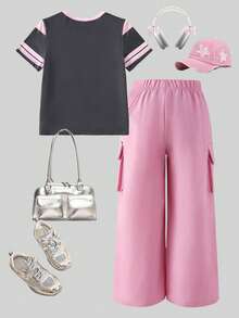 SHEIN Elladie kids 青少年女孩夏季新款美式運動風兩件套，黑色底色配對比粉色滾邊T恤，胸前印有「67 SIX SEVEN」字母與數字，徽章與「N」星形細節，粉色梭織面料工裝寬腿褲 - 彩色 - 查看 2