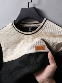 EGENSIO Men's Knitted Jacquard Solid Color Textured Collar & Cuff Flat Hem Ribbed Chest Patch Pullover Sweatshirt - Apricot - View 7