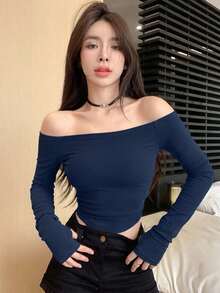 DAZY 女款方領修身T恤，性感風格 - 藏蓝色 - 查看 5