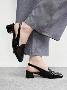 CUCCOO BIZCHIC 女款方跟黑色鏡面時尚簡約高跟鞋 後扣帶樂福鞋 度假穿搭 百搭舒適 通勤穿著 老錢風女鞋 - 鏡面黑色1 - 查看 4