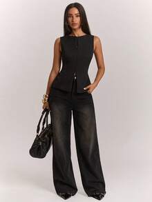 SHEIN BAE Solid Color Casual Elegant Commute Date Office Slim Fit Zipper Sleeveless Blazer Black Summer - Black - View 3