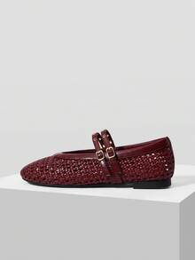 MOTF WOMEN BRAID ROUND TOE FLATS SPRING SHOES FALL SHOES - Burgundy - View 3