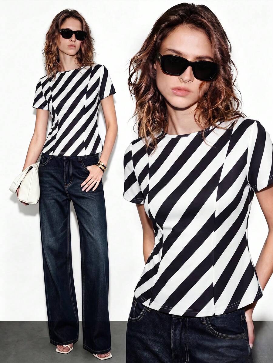 Lumivelle Knitted Fitted Round Neck Short Sleeve Cinched Waist Ruffle Hem A-Line Casual European Commute Spring Summer Women's T-Shirt Black White Checkered - Black and White - View 1