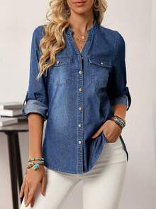 EMERY ROSE Women's Autumn V-Neck Single Breasted Cuffed Sleeve Denim Top - Blue - View 3